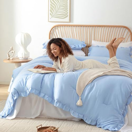 JANZAA Ruffle Light Blue Comforter Set Full Size Comforter 3PCS 1 Emerald Comforter and 2 Pillowcases Vintage Farmhouse Shabby Chic Bedding Soft Fluffy Comforter Set All Season (Light Blue, Full) JANZAA