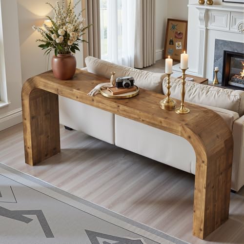 TRIBEWOOD Solid Wood Console Table, 70.87-Inch Farmhouse Sofa Table with Waterfall Curved Corners for Hallway, Living Room, Behind Couch, Entrance (Natural Wood) TRIBEWOOD