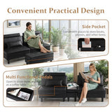 DRMBOOK Convertible Futon Sofa Bed Set with Storage Ottoman, Adjustable Recliner Sleeper Sofa Bed with Side Pocket, Comfy Futon Couch with Table for Living Room, Dorm, Office (Faux Leather, Black) DRMBOOK