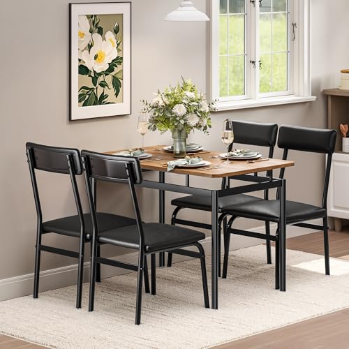 Garvee 5 Piece Dining Table Set, Wooden Kitchen Table Set with 4 PU Upholstered Chair, Industrial Metal Frame Dinette Set for Dining Room, Home Dinner, Party, Apartment, Studio, Black Garvee