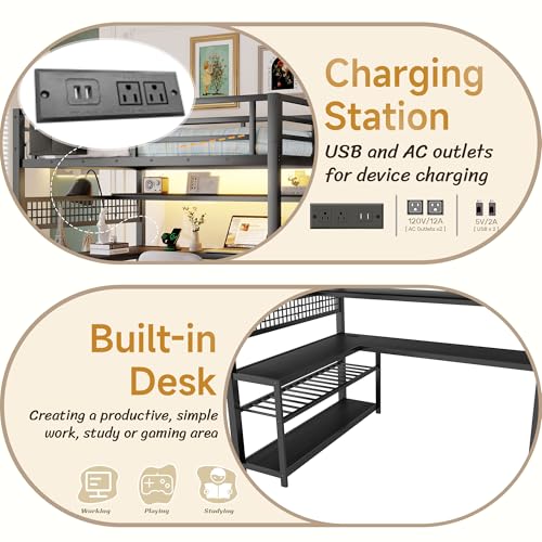 Mirightone Full Size Loft Bed with Desk & Stairs, Heavy-Duty Metal Loft Beds with Upper Shelves & Wardrobe, High Loft Bed Frame with LED and Charging Station for Boys, Girls and Teens (Black) Mirightone