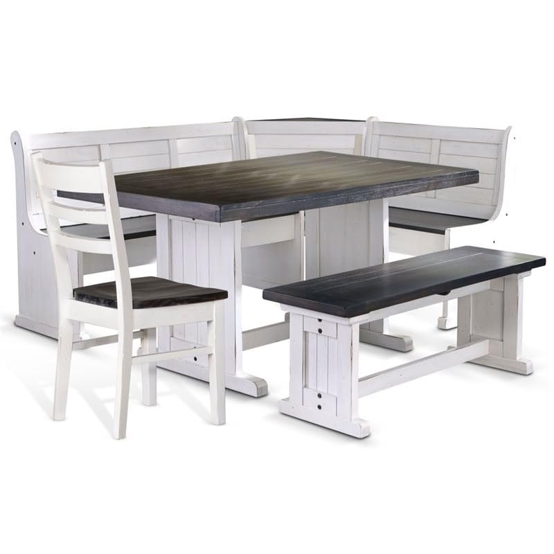 Pemberly Row Farmhouse 4-Piece Wood Breakfast Nook Set with Reversible Benches Featuring Hidden Storage in Two-Toned White and Brown Pemberly Row