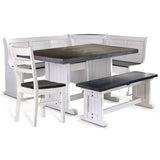 Pemberly Row Farmhouse 4-Piece Wood Breakfast Nook Set with Reversible Benches Featuring Hidden Storage in Two-Toned White and Brown Pemberly Row