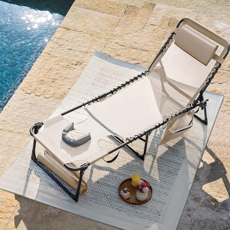 Flamaker Face Down Chaise Lounge Chair 5-Position Adjustable Sunbathing, Foldable Tanning Chair with Face& Arm Holes, Outdoor Recliner Chair for Pool, Beach, Patio, Lawn (Beige, 1 Pcs) Flamaker