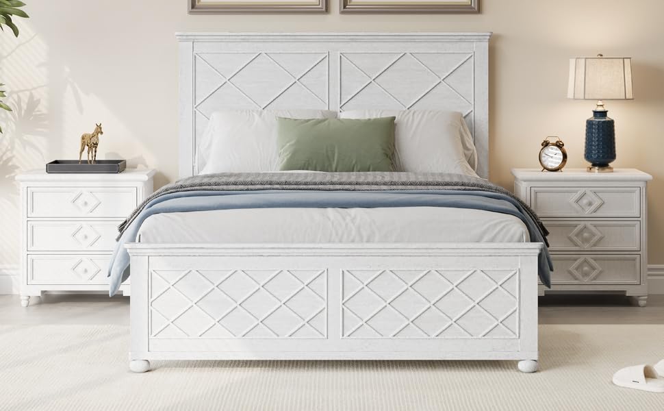 Queen Size Platform Bed Frame with Tall Headboard & Footboard, Wood Queen Bed Frame with Wood Slats Support, Farmhouse Rustic Design, No Box Spring Needed, Antique White - WoodArtSupply