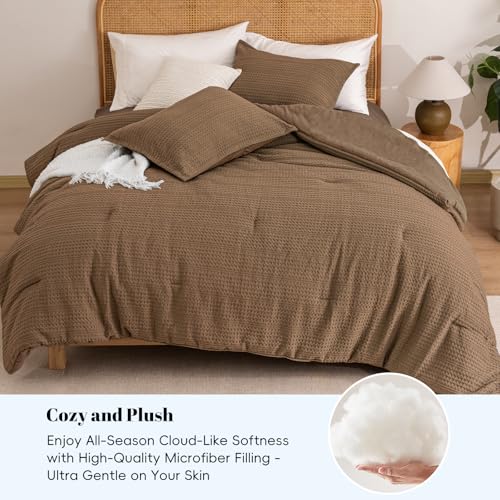 PHF Soft Waffle Comforter Set Queen Size- Comfy Breathable Waffle Weave Comforter with 2 Pillow Shams, 3 Pieces Less Snagging Lightweight Textured Bedding Set for All Season, Mocha/Cocoa Brown PHF