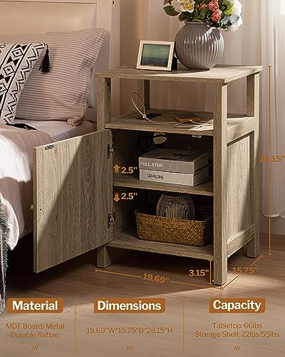 SICOTAS Rattan Nightstand Set of 2, Boho Tall Night Stand with Charging Station, Wooden Farmhouse Bedside End Table with Storage, 4-Tier Nightstands with Adjustable Shelf for Bedroom or Livin - WoodArtSupply