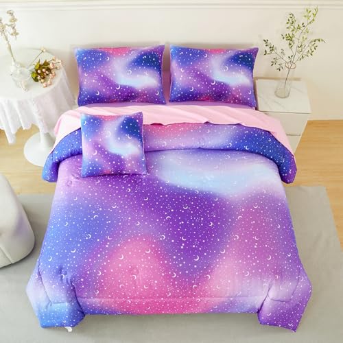 URBONUR 6Pcs Twin Comforter Set for Girls Colorful Pink Purple Blue Gradient Galaxy Printed Bedding Set Kids Teen Bed in A Bag URBONUR