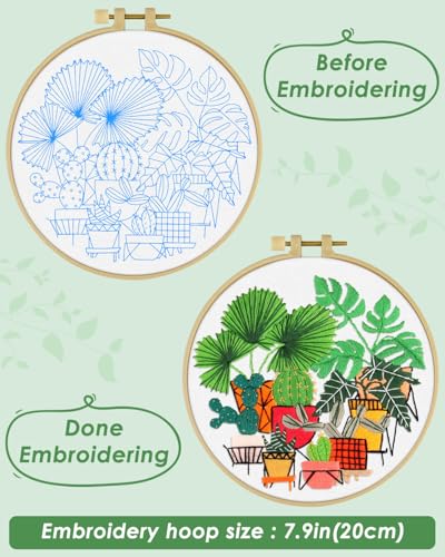 ERKOON Embroidery Kit for Beginners, Flower Cross Stitch Set for Include Embroidery Cloth Hoops Threads for Craft Lover Hand Stitch with Embroidery Skill Techniques (Greenery) ERKOON