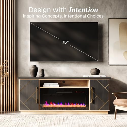 BELLEZE 68“ Fireplace TV Stand for TV's Up to 75", Elegant Entertainment Center with 36" Electric Fireplace Heater, Storage Media Console with Drawers & Open Shelves for Living Room (Espresso Black) BELLEZE