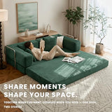 Alpen 77" Futon Sofa, Floor Foldable Sofa Couch Bed Queen with L-Shaped Armrests, Futon Bed with Mattress Included, Fold Out Comfy Lounge for Living Room Bedroom, Dark Green Alpen
