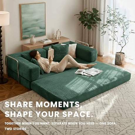 Alpen 77" Futon Sofa, Floor Foldable Sofa Couch Bed Queen with L-Shaped Armrests, Futon Bed with Mattress Included, Fold Out Comfy Lounge for Living Room Bedroom, Dark Green Alpen
