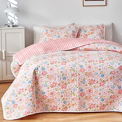 Joyreap 2 Pieces Cotton Quilt Set for Girls, Twin Size Floral Pink Flowers Design, Cozy Lightweight Quilt Bedspread Bed Cover for All Season, 1 Quilt and 1 Pillow Sham- 68x86 inches Joyreap
