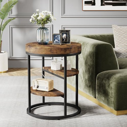 Tribesigns Round End Table, Small End Table with 3 Storage Shelves, Wood Side Table for Small Spaces, Industrial Sofa Side Table for Living Room, Rustic Brown Nightstand and Bedside Table for - WoodArtSupply