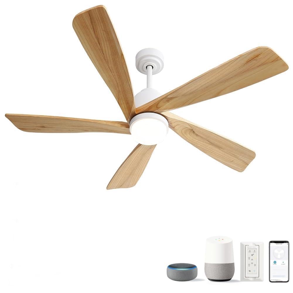 POPFAN 52 Inch Modern Ceiling Fan With Dimmable LED Light 5 Solid Wood Blades Smart Remote Control Reversible DC Motor for Bedroom, Living Room, White (White & Woodgrain) POPFAN