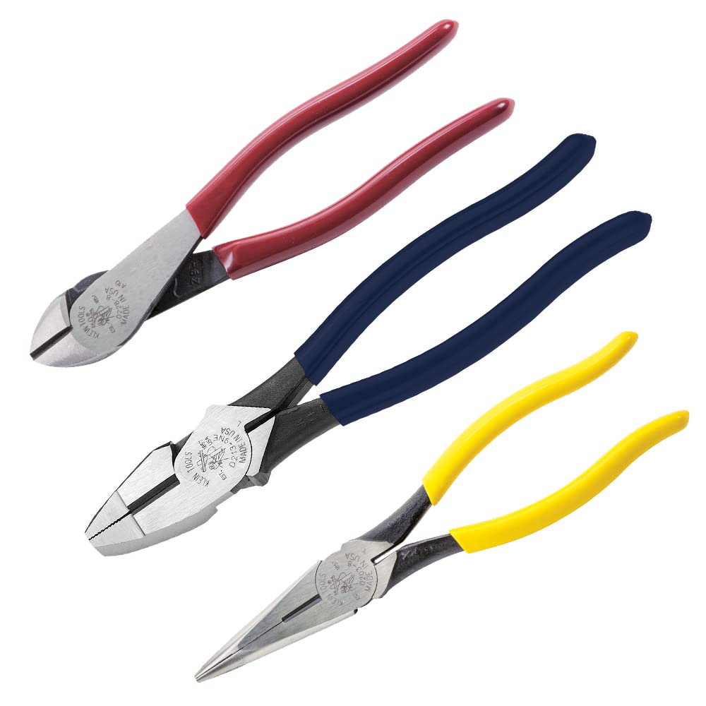 Klein Tools 80020 Plier Set with Lineman's Pliers, Diagonal Cutters, and Needle Nose Pliers, Made in USA with Induction Hardened Knives, 3-Piece Klein Tools