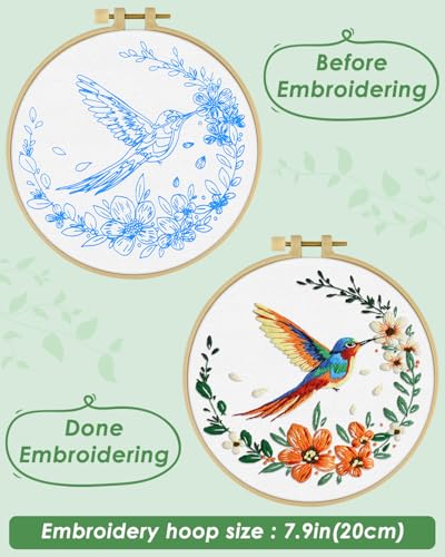 ERKOON Embroidery Kit for Beginners, Hummingbird and Flower Cross Stitch Set for Include Embroidery Cloth Hoops Threads for Craft Lover Hand Stitch (Colorful Hummingbird) ERKOON
