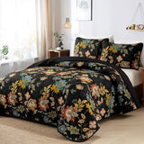 WONGS BEDDING Quilt Set Queen Size, Black Botanical Queen Bedspread Bedding Sets, 3 Pieces Floral Quilt with 2 Pillowcases,Soft Lightweight Microfiber Coverlet Set for All Season(96"X90") WONGS BEDDING