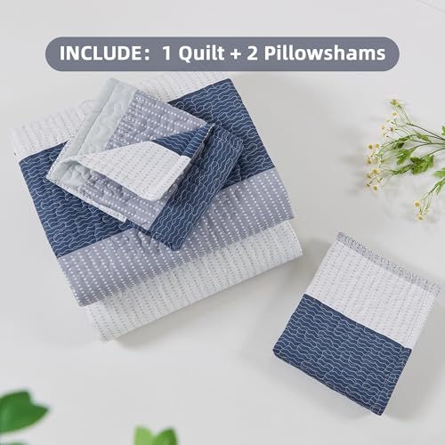 Andency Queen Quilt Bedding Set Mineral Blue, 3 Pieces Patchwork Summer Striped Ultra Soft Lightweight Bedspreads, Coverlets Set with 2 Pillow Shams for All Seasons (90"x96") Andency