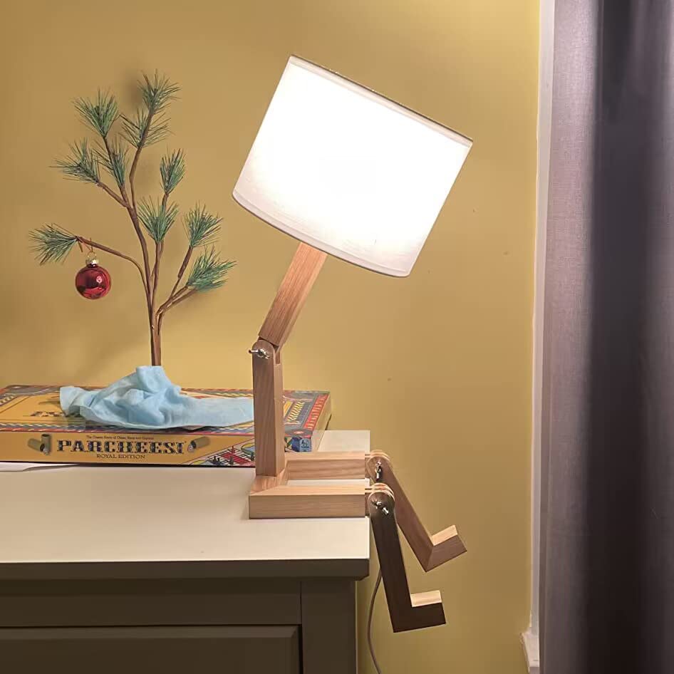 ELINKUME Cute Desk Lamp,Unique Table Lamps,Wood Bedside Table Lamp Fun Funky Person Lamp Wooden Robot Cute Lamps for Bedrooms ELINKUME