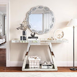Goujxcy 2 Piece Silver Mirrored Console Table and Round Wall Mirror Set, 55.9" Rectangle Luxury Mirrored Entryway Sofa Table and 31.5" Crush Diamond Wall Mirror Set for Living Room Hallway Entrance Goujxcy