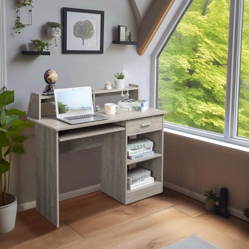 Karl home Computer Desk Study Writing Desk, Wooden Home Office Workstation PC Laptop Table with Drawer Shelf Keyboard Tray, Grey - WoodArtSupply