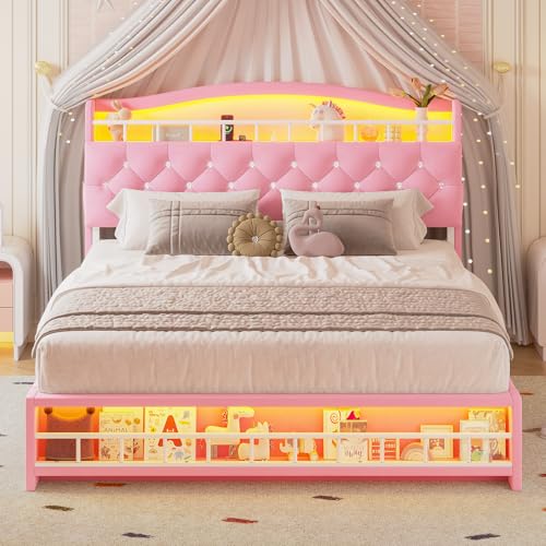 HAUOMS Full Bed Frame with LED Lights, Princess Velvet Upholstered Platform Bed for Girls, Headboard with Charging Station & Guardrail & Crystal Button, No Box Spring Needed, Pink HAUOMS