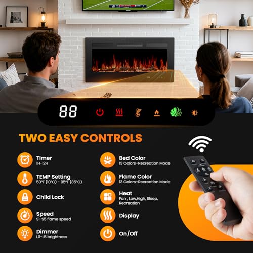 36" Electric Fireplace Insert, 1500W Wall Mounted & Recessed Fireplace Heater with Remote & Touch Screen, Adjustable Flame Color & Brightness, 12H Timer, Low Noise Electric Fireplace for Indoor Use Aidoly