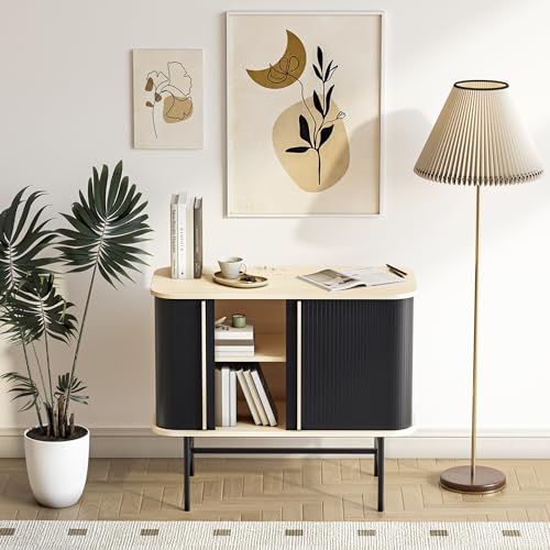 roomfitters Sideboard Buffet Cabinet with Sliding Doors, Mid Century Modern Credenza with 2 Tambour Doors, Minimalist Accent Storage Cabinet for Living Room, Media Console with Storage, Black - WoodArtSupply