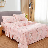 JSD Pink Unicorn Kids Sheet Set Full Size, 4 Piece Girls Rainbow Printed Microfiber Bed Sheets Deep Pocket JSD
