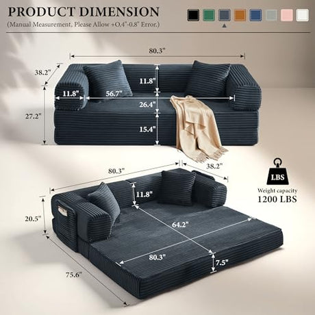 AUGOP Boneless Couch Folding Couches for Living Room Sofa, Futon Sofa Bed with Sleeper Sofa, Futon Couch with Fixed-Shape Oversized Corduroy Upholstered (Dark Gray, 81 Inches) AUGOP