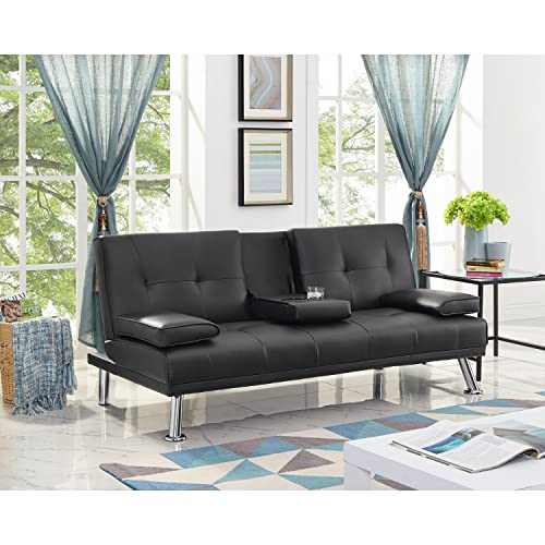 Naomi Home Black Futon Sofa Bed Faux Leather Futon Couch with Armrest and 2 Cupholders Pull Out Sofa Bed Couch with Metal Legs Reclining Small Bed Black Couches for Living Room Naomi Home