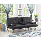 Naomi Home Black Futon Sofa Bed Faux Leather Futon Couch with Armrest and 2 Cupholders Pull Out Sofa Bed Couch with Metal Legs Reclining Small Bed Black Couches for Living Room Naomi Home