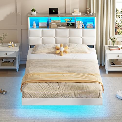 VIAGDO Floating Bed Frame Twin Size with Headboard and Storage, Uphols ...