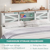 YITAHOME Farmhouse Queen Size Bed Frame with Headboard, Bookcase Storage Shelves, Sliding Grid Barn Door, Charging Station, Rustic Wood Platform Bed, No Box Spring Needed, White YITAHOME