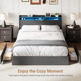 MALOL Bed Frame, King Bed Frame with Headboard & Storage Shelf, Metal Platform Bed Frame with 4 Storage Drawers, Built-in Charging Station, Led Light, Wood Bed Frame, No Box Spring Needed, Grey MALOL