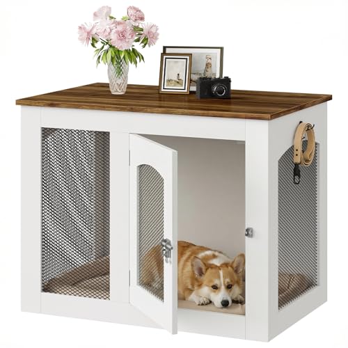 CHOEZON Wooden 30.1" Dog Crate Furniture, Farmhouse Pet Cage End Table with Secure Lock, Ventilated Mesh for Medium Dogs, Dog Kennel Furniture for Living Room, Bedroom, White and Walnut MGW02WL CHOEZON