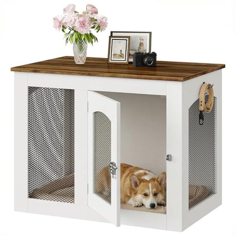 CHOEZON Wooden 30.1" Dog Crate Furniture, Farmhouse Pet Cage End Table with Secure Lock, Ventilated Mesh for Medium Dogs, Dog Kennel Furniture for Living Room, Bedroom, White and Walnut MGW02WL CHOEZON