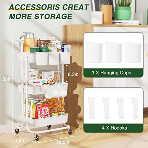 LEHOM 3-Tier Rolling Utility Cart with Hanging Cups & Hooks & Handle, Plastic Art Cart Organizer Storage with Wheels, Easy Assembly for Office, Bedroom, Kitchen, Bathroom, Laundry (White) - WoodArtSupply