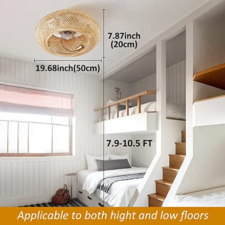 ainqiant Boho Caged Ceiling Fan with Light Flush Mount, 20 Inch Enclosed Rattan Ceiling Fans with Lights and Remote Control,Low Profile 6 Speeds for Bedroom, Living Room ainqiant