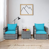 COSTWAY 3 PC Patio Rattan Furniture Bistro Set Cushioned Sofa Chair Turquoise COSTWAY
