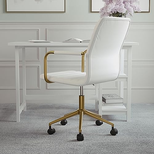 Martha Stewart Taytum Swivel Task Chair with Armrests for Home Office in White Faux Leather with Polished Brass Frame Martha Stewart