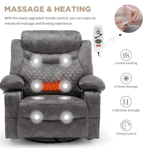 linting Oversized Power Swivel Rocker Recliner Chair with Cup Holder, Fabric Electric Rocking Glider Chair Power Recliner Chair with Heat and Massage USB Port, Grey