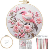 FONNUY Embroidery Kit for Beginners, Hummingbird Flowers Pre-Stamped Pattern Kits for Adults with Hoop, Easy to Follow Color Thread Needlework, 8''Hoop (Lightpink)
