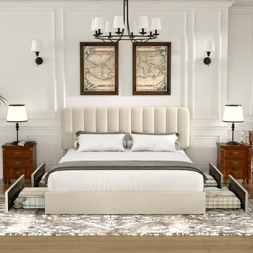 VECELO King Size Upholstered Bed Frame with 4 Drawers and Headboard, Velvet Platform Storage Bedframe, Wooden Slats Support, No Box Spring Needed,Bone Beige VECELO