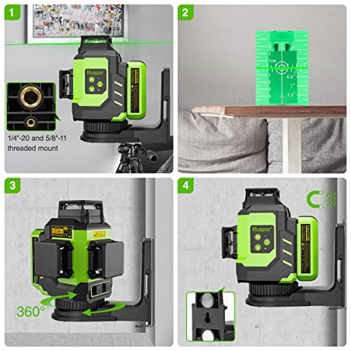 Huepar 3x360°Laser Level with 2 Li-ion Batteries 3D Outdoor Green Cross Line Self Leveling for Construction/Picture Hanging Hard Case，Magnetic Huepar