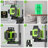 Huepar 3x360°Laser Level with 2 Li-ion Batteries 3D Outdoor Green Cross Line Self Leveling for Construction/Picture Hanging Hard Case，Magnetic Huepar