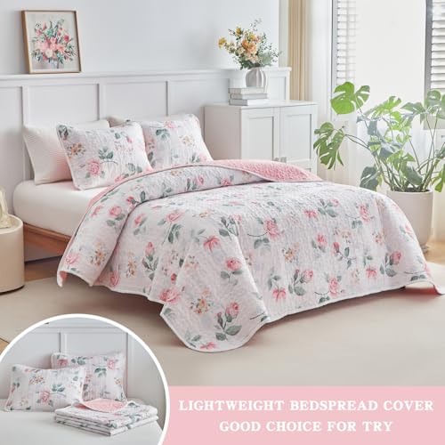 Floral Quilt Set Twin Size 68x86 with Pink Yellow Flower Soft Microfiber Lightweight Coverlet Bedspread Reversible Summer 2pc Quilted Bedding Set Bed Cover for All Season (1 Quilt+ 1 Shams) UOZZI BEDDING
