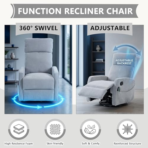 HRVEOCEI Small Recliners for Small Spaces, Manual White Recliner Rocking Chair for Nursery, Velvet Swivel Glider Recliner with Heat and Massage, Side Pockets, Living Room Bedroom (Light Grey)