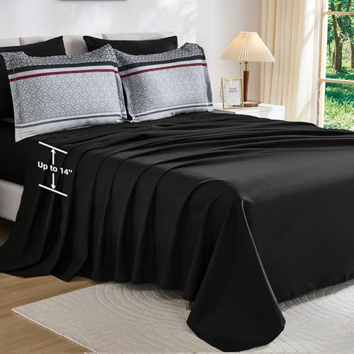 WONGS BEDDING 7 Pieces Comforter Set Queen Size, Black-red Striped Bed in a Bag Comforter and Sheet Set, Black Boho Soft Lightweight Micorfiber Bedding Set for All Season (90"×90") WONGS BEDDING